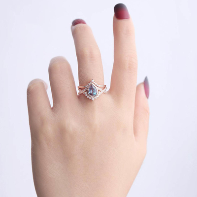 925 Sterling Silver Pear shape Vintage wedding ring Rose gold Alexandrite Engagement ring set