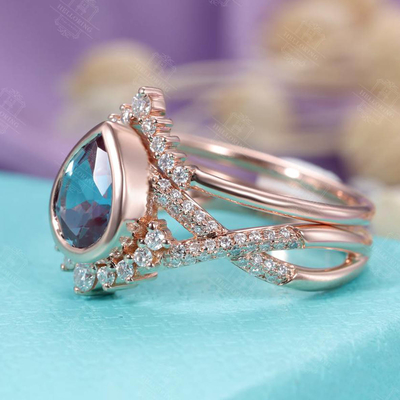 925 Sterling Silver Pear shape Vintage wedding ring Rose gold Alexandrite Engagement ring set