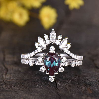 925 Sterling Silver Pear shape Vintage wedding ring Rose gold Alexandrite Engagement ring set