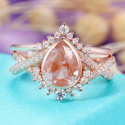 925 Sterling Silver Pear shape Vintage wedding ring Rose gold Alexandrite Engagement ring set