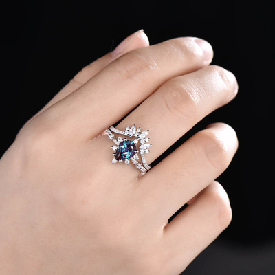 14K White Gold Jewelry Ring Set Tear Drop Alexandrite Wedding Band Rings