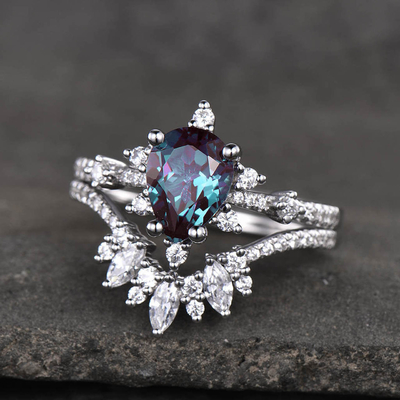 14K White Gold Jewelry Ring Set Tear Drop Alexandrite Wedding Band Rings