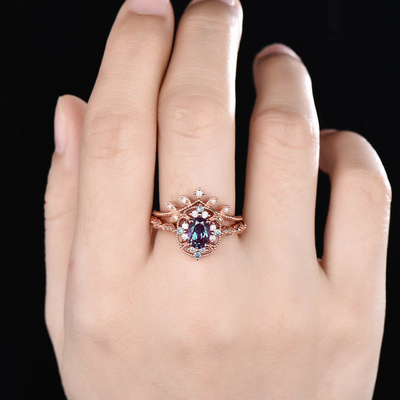 925 Sterling Silver Jewelry Alexandrite Ring Set Rose Gold Plating Alexandrite Wedding Ring