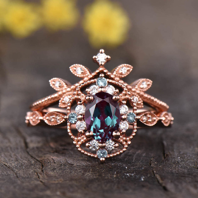 925 Sterling Silver Jewelry Alexandrite Ring Set Rose Gold Plating Alexandrite Wedding Ring
