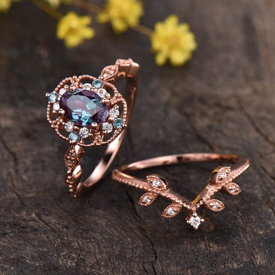 925 Sterling Silver Jewelry Alexandrite Ring Set Rose Gold Plating Alexandrite Wedding Ring