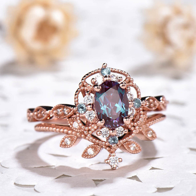925 Sterling Silver Jewelry Alexandrite Ring Set Rose Gold Plating Alexandrite Wedding Ring