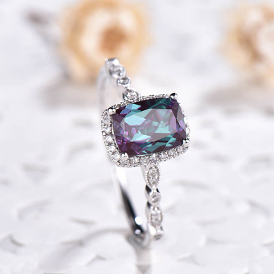 925 Sterling Silver Jewelry Cushion cut Alexandrite Engagement Ring Halo CZ Alexandrite Ring
