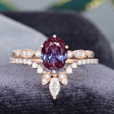 925 Sterling Silver CZ Dainty Jewelry Alexandrite Ring Set Alexandrite Wedding Rings