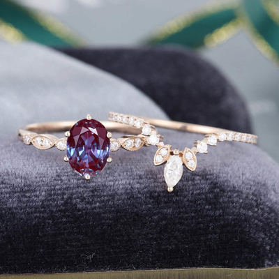 925 Sterling Silver CZ Dainty Jewelry Alexandrite Ring Set Alexandrite Wedding Rings