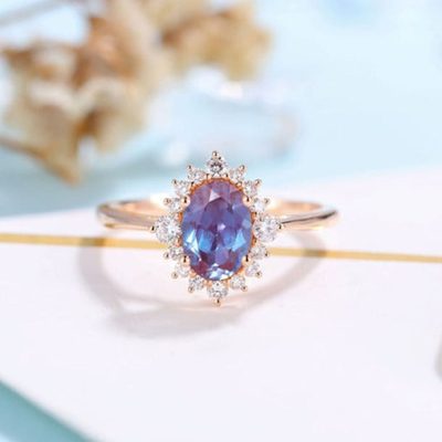 Modern Design Popular Round Cut Rose Gold Plated Lab Alexanderite Jewelry White CZ Jewelry Ladies Ring