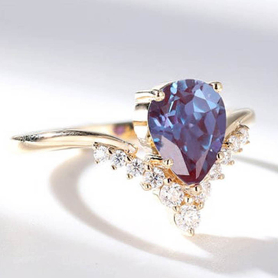 925 Sterling Silver CZ Dainty V Shape Rings Pear Cut Alexandrite Jewelry Ring