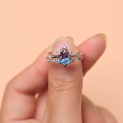 White CZ Pretty Pear Cut Alexander Gemstone Stacking Ring Set 925 Sterling Silver Jewelry
