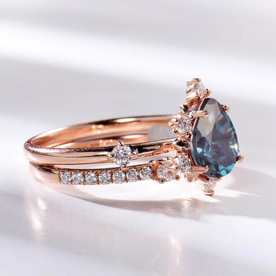 White CZ Pretty Pear Cut Alexander Gemstone Stacking Ring Set 925 Sterling Silver Jewelry