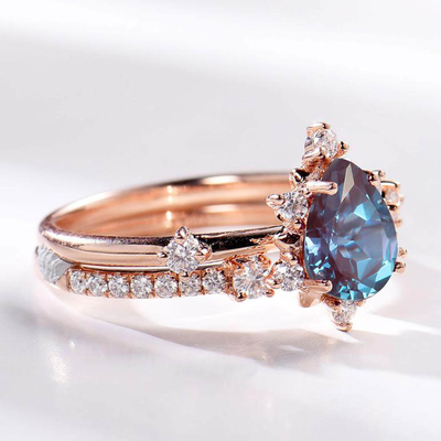 White CZ Pretty Pear Cut Alexander Gemstone Stacking Ring Set 925 Sterling Silver Jewelry