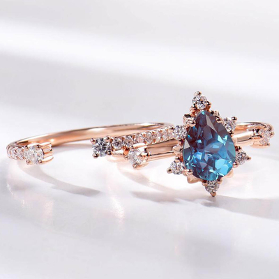 White CZ Pretty Pear Cut Alexander Gemstone Stacking Ring Set 925 Sterling Silver Jewelry
