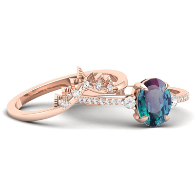 925 Sterling Silver CZ Dainty Jewelry Alexandrite Ring Set Alexandrite Wedding Rings