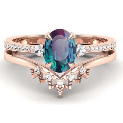 925 Sterling Silver CZ Dainty Jewelry Alexandrite Ring Set Alexandrite Wedding Rings
