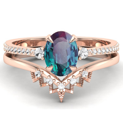 925 Sterling Silver CZ Dainty Jewelry Alexandrite Ring Set Alexandrite Wedding Rings