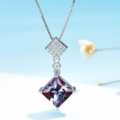 925 Sterling Silver Color Change Cubic Zircon Jewelry Lab Alexandrite Pendant Necklace