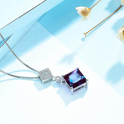 925 Sterling Silver Color Change Cubic Zircon Jewelry Lab Alexandrite Pendant Necklace