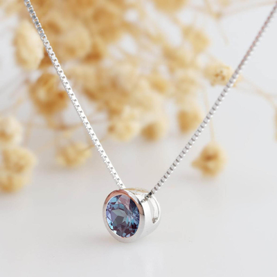 Round Cut 1CT Center Synthetic Alexandrite Bezel Solitaire 14k White Gold Pendants Necklace Chain Alexandrite Pendant