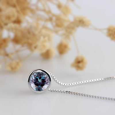 Round Cut 1CT Center Synthetic Alexandrite Bezel Solitaire 14k White Gold Pendants Necklace Chain Alexandrite Pendant