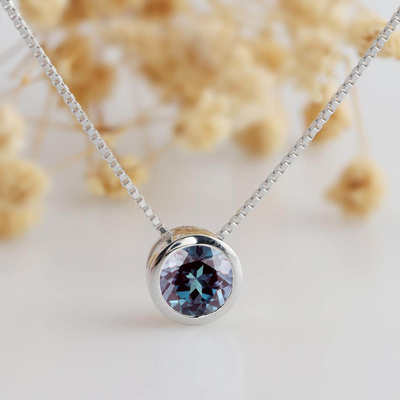 Round Cut 1CT Center Synthetic Alexandrite Bezel Solitaire 14k White Gold Pendants Necklace Chain Alexandrite Pendant