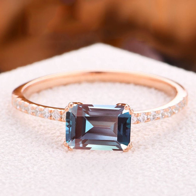 Rose Gold Half Eternity Gemstone Women's Ring 1.0ct Emerald Cut Alexandrite Ring