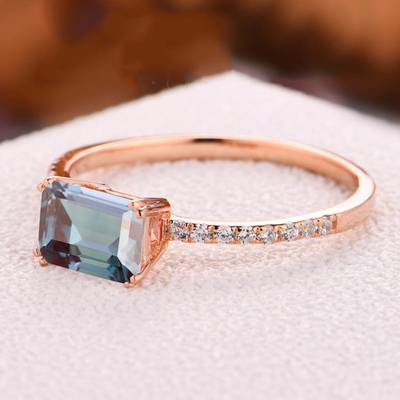 Rose Gold Half Eternity Gemstone Women's Ring 1.0ct Emerald Cut Alexandrite Ring