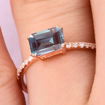 Rose Gold Half Eternity Gemstone Women's Ring 1.0ct Emerald Cut Alexandrite Ring