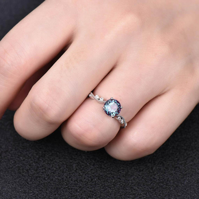 925 Sterling Silver Art Deco Promise Ring June Birthstone Silver Lab created Alexandrite Gemstone Ring