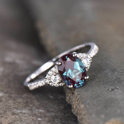 Hot Selling 925 Sterling Silver Pave CZ Rings Oval Cut Alexandrite Stone Engagement Ring