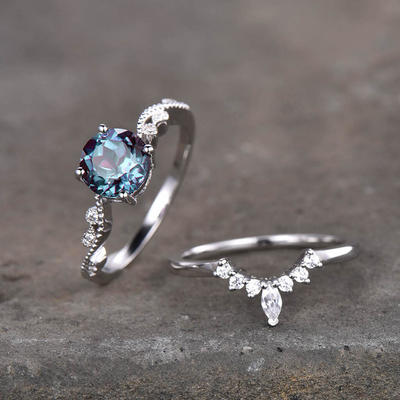 Hot Selling 925 Sterling Silver Pave CZ Rings Oval Cut Alexandrite Stone Engagement Ring