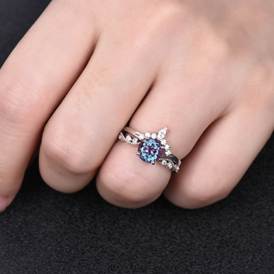 925 Sterling Silver Jewelry Round Brilliant Cut Alexandrite Wedding Band Ring Set For Women