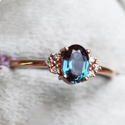 Rose Gold Plating 925 Sterling Silver Jewelry CZ Oval Cut Alexandrite Engagement Ring Set