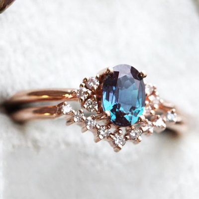 Rose Gold Plating 925 Sterling Silver Jewelry CZ Oval Cut Alexandrite Engagement Ring Set