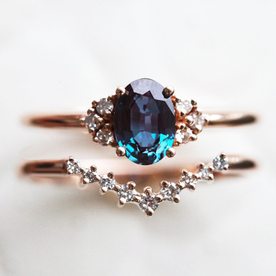 Rose Gold Plating 925 Sterling Silver Jewelry CZ Oval Cut Alexandrite Engagement Ring Set