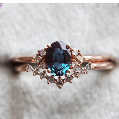 Rose Gold Plating 925 Sterling Silver Jewelry CZ Oval Cut Alexandrite Engagement Ring Set