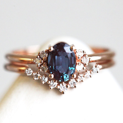 Rose Gold Plating 925 Sterling Silver Jewelry CZ Oval Cut Alexandrite Engagement Ring Set