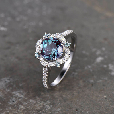 Women White CZ Alexandrite And Diamond Ring S925 Sterling Silver Rose Gold Plated