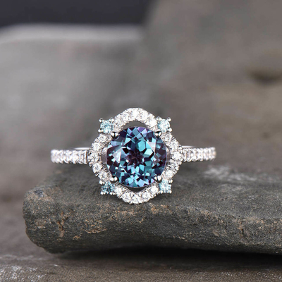 925 Sterling Silver Lab Created Alexandrite Rings , Synthetic Alexandrite Stone Ring