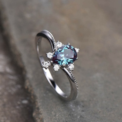 925 Sterling Silver Lab Created Alexandrite Rings , Synthetic Alexandrite Stone Ring