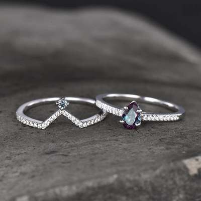 Synthetic Alexandrite Stone Wedding Band Ring Set 925 Sterling Silver Jewelry