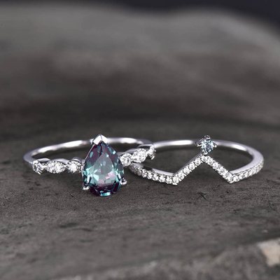 Synthetic Alexandrite Stone Wedding Band Ring Set 925 Sterling Silver Jewelry