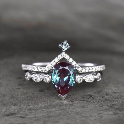 Synthetic Alexandrite Stone Wedding Band Ring Set 925 Sterling Silver Jewelry