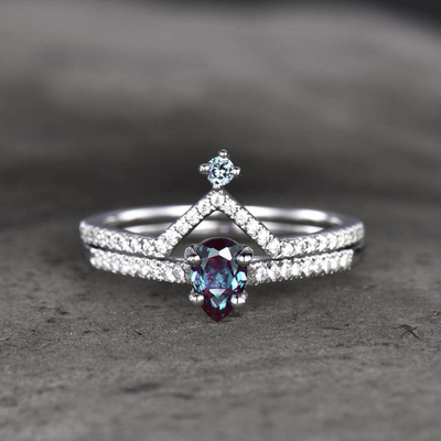 Synthetic Alexandrite Stone Wedding Band Ring Set 925 Sterling Silver Jewelry