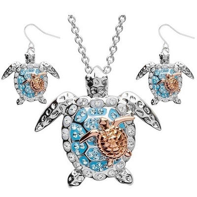 Sterling Silver Blue Sea Turtle Pendant Necklace Jewelry for Women Ladies Turtle Animal Earings