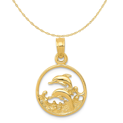 Carat in Karats 14K Yellow Gold Double Dolphin Circle Pendant Charm With 10K Yellow Gold Lightweight Rope Chain Necklace