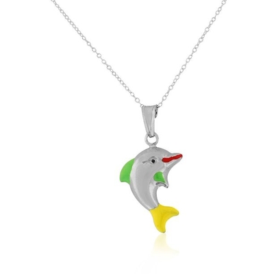 925 Sterling Silver 3D Blue White Enamel Fish Charm Pendant Necklace