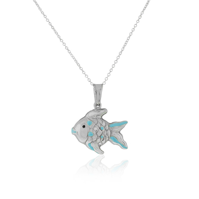 925 Sterling Silver 3D Blue White Enamel Fish Charm Pendant Necklace